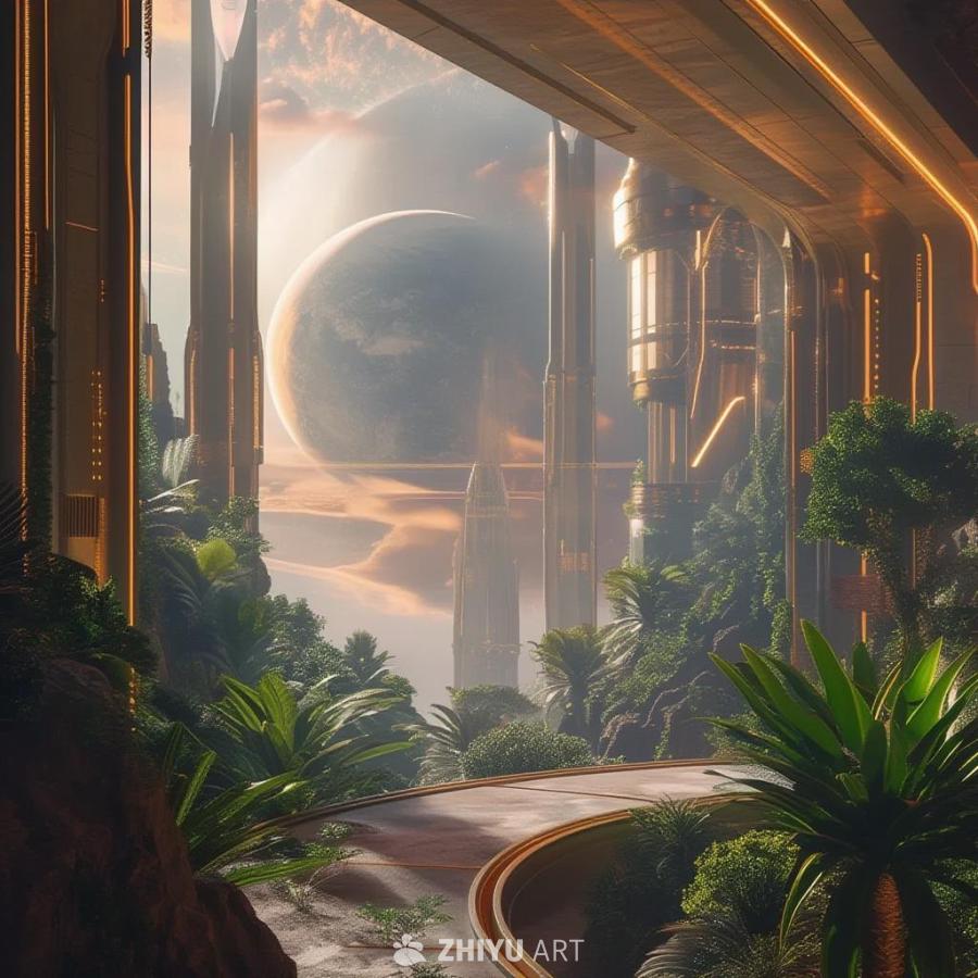 未来主义建筑矗立在异星植物之间，一弯道路蜿蜒向前。