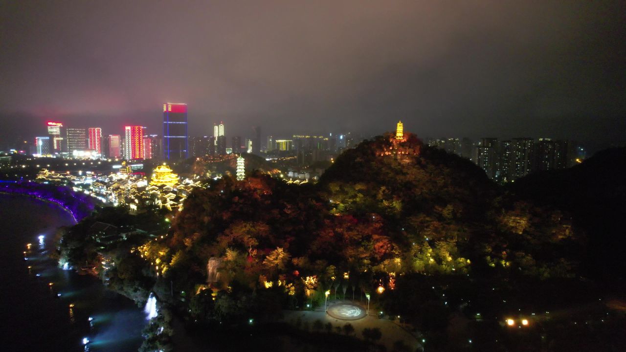 广西柳州窑埠古镇夜景灯光航拍