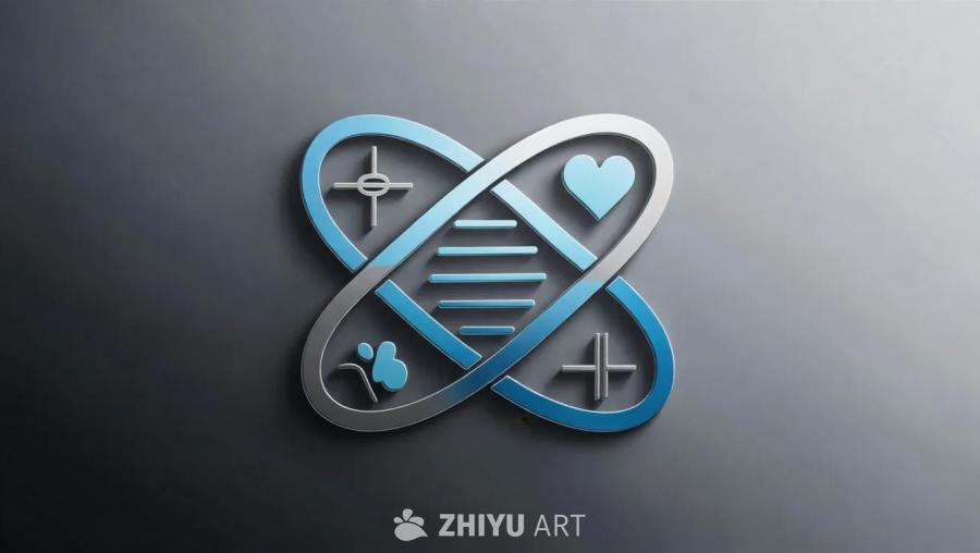 灰色背景上，一个极简主义的双螺旋标志，由蓝色和灰色