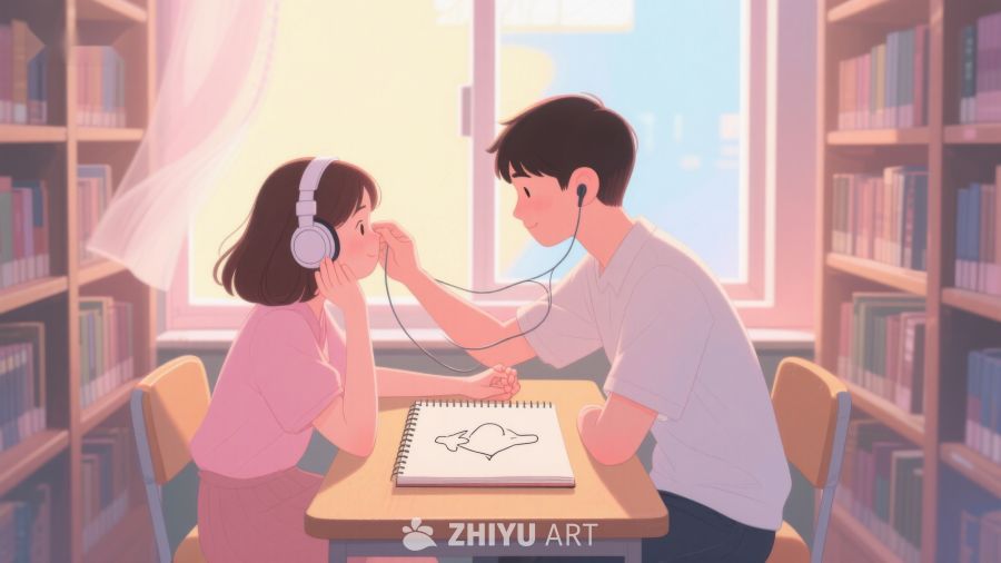 图书馆内两人共用耳机学习 298