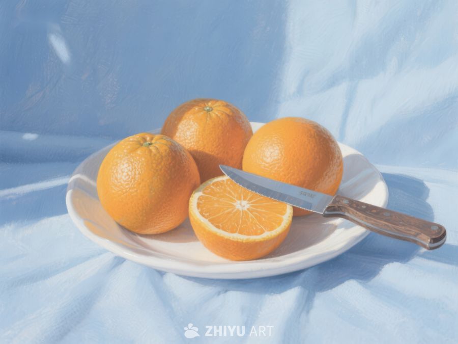 盘中橙子与刀具的静物组合 256