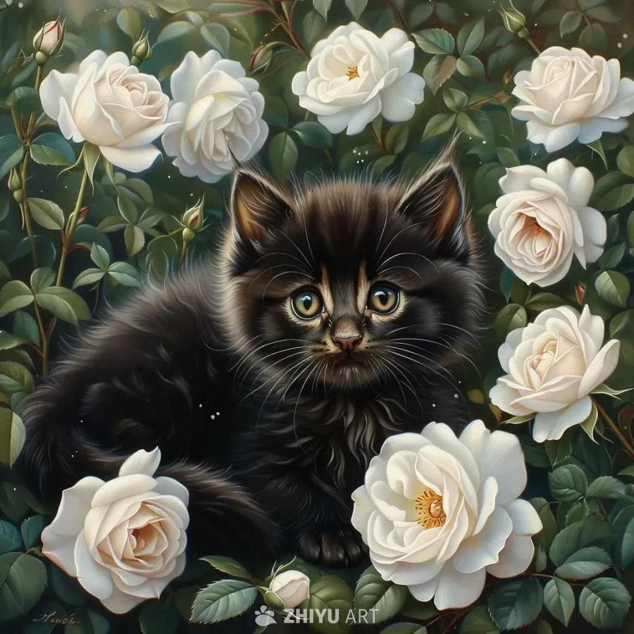 一只黑色小猫坐在白色的玫瑰花园中，它的尾巴非常蓬松