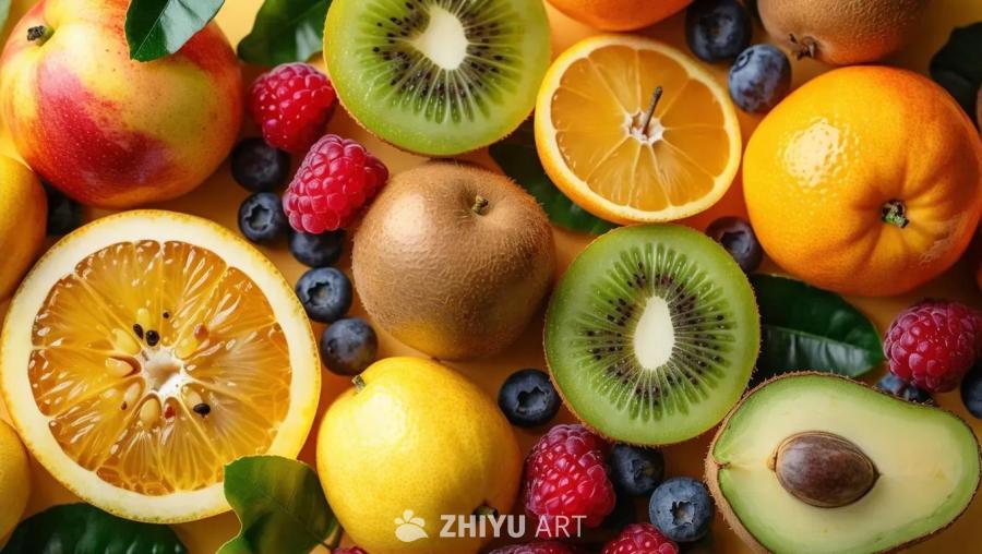 各种各样的水果，包括猕猴桃、橘子、蓝莓、覆盆子、柠