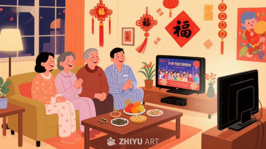 家庭欢聚观看春节晚会 55