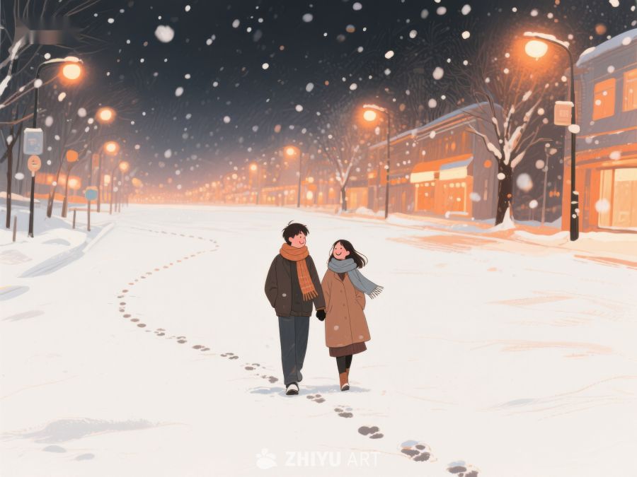 冬夜雪中漫步的情侣 192