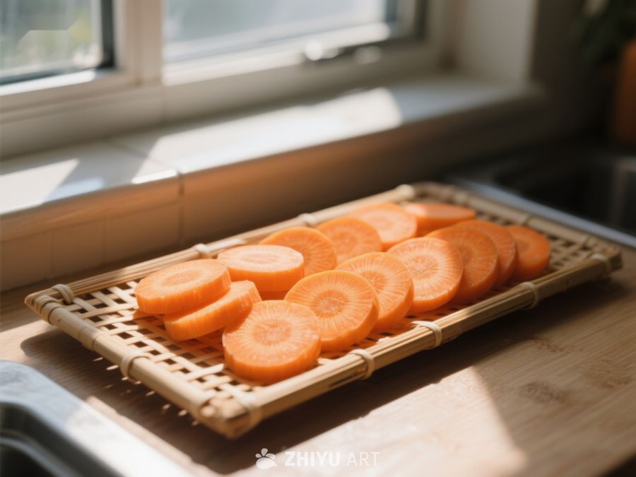 窗边竹篮上的胡萝卜片 128