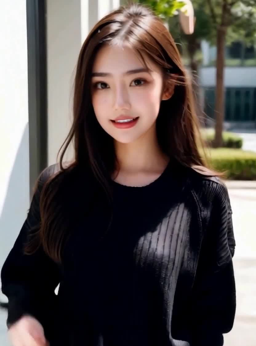 一位年轻女性站在户外，她留着棕色的长发，眼睛注视着