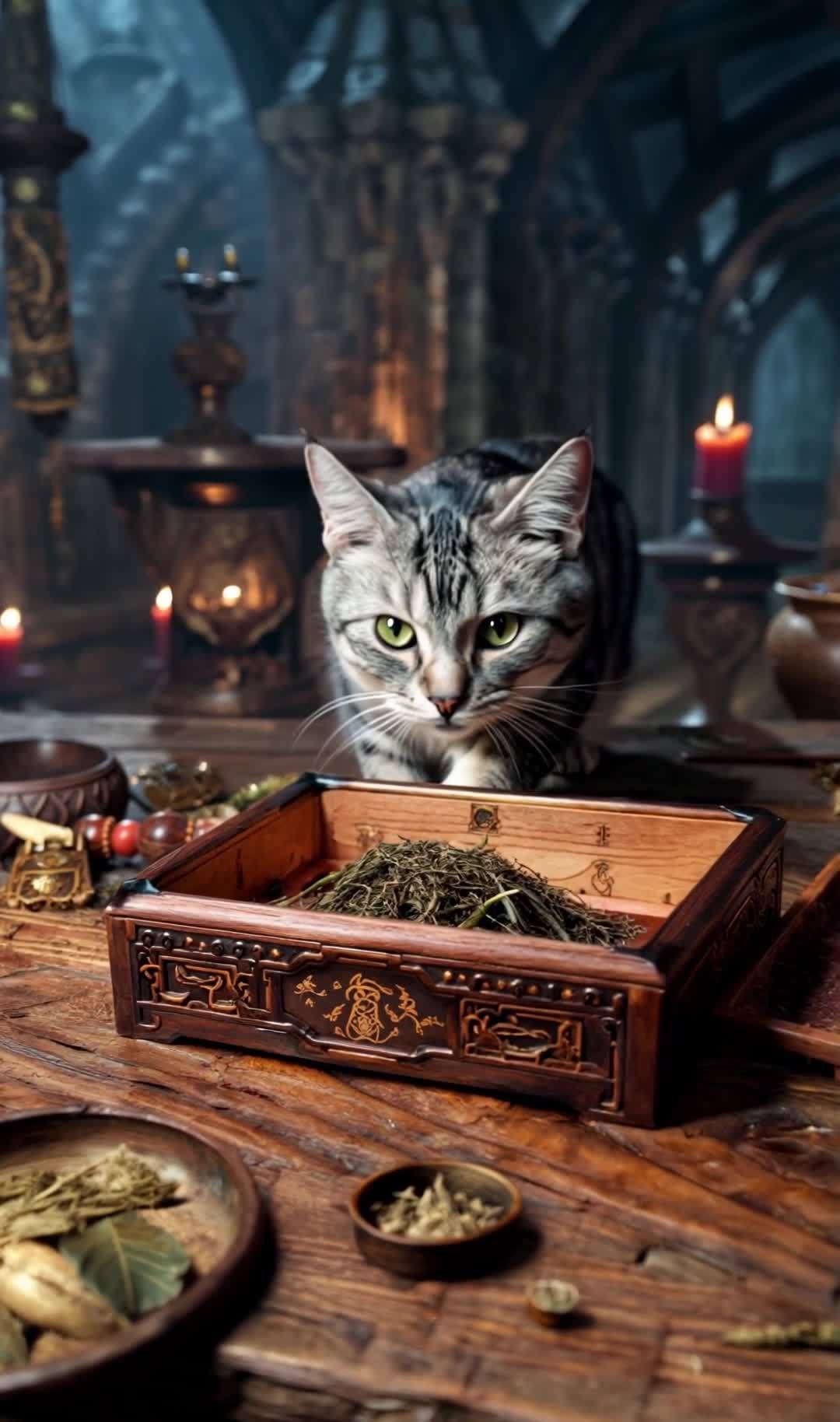猫咪注视药材：烛光下的古老木桌与器皿