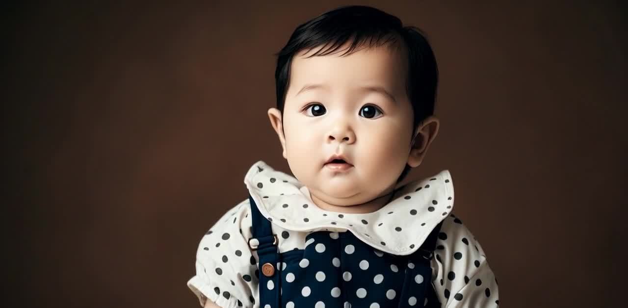 一个婴儿正对着镜头。婴儿穿着一件白色波点上衣，外面