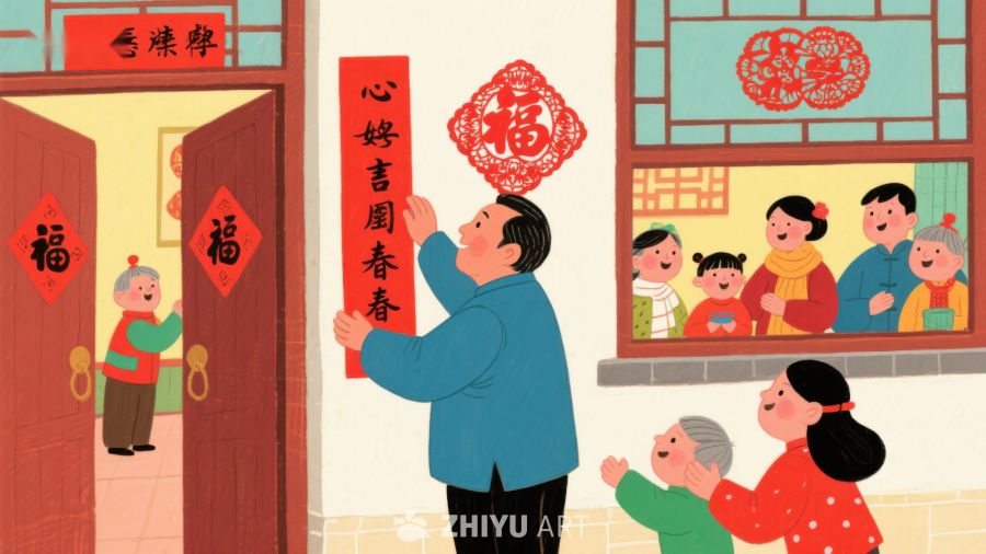 家庭欢庆春节，贴福字迎新春 496