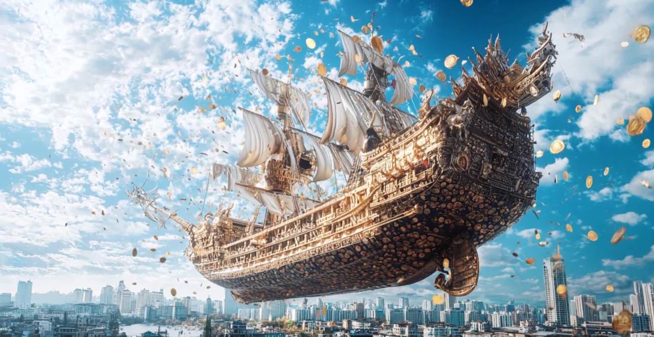 一艘华丽的船在空中向前移动，船身装饰有金色的图案和