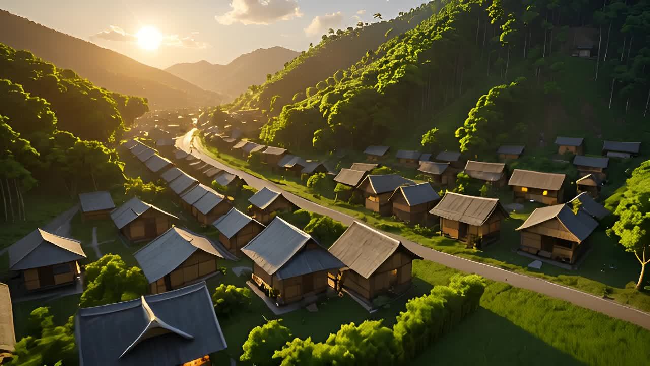 夕阳西下时分，坐落于山谷之中的古朴村落被金色的阳光所笼罩。村落的房屋错落有致地分布在绿色的稻田之间，屋顶上覆盖着青瓦，透出温馨的生活气息。一条蜿蜒的小路穿越村庄，连接着远处的山脉与天空。道路两旁绿树成荫，为村民们提供了阴凉处。远处，连绵起伏的山脉在夕阳的映照下显得格外壮观，山间的云雾缭绕，仿佛仙境一般。随着镜头逐渐拉近，可以看到房屋墙壁上的细节纹理，以及窗户透出的温暖光线。稻田里的稻穗低垂，随风摇曳，一片丰收的景象。整个画面充满了宁静与和谐的氛围，让人感受到大自然的美丽与人类的智慧相结合的魅力。