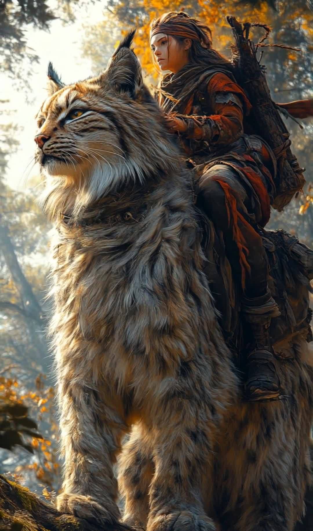 一位女性骑在一个巨大的猞猁身上，周围是树木。女性穿