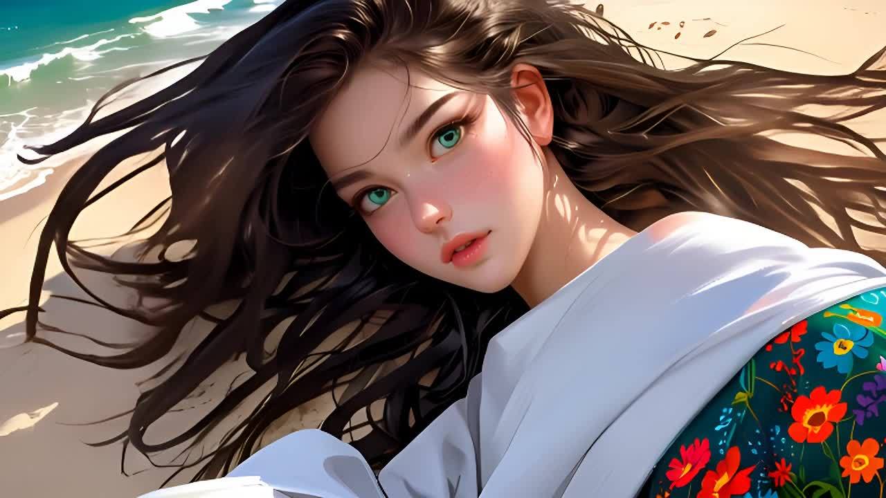 一位有着深色长发和绿色眼睛的年轻女性躺在沙滩上。她