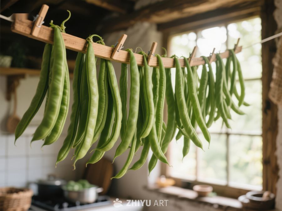 厨房中悬挂的绿色豆角 95