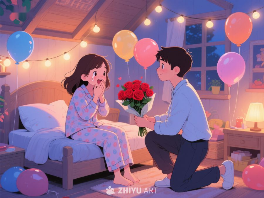 温馨求婚场景，男孩献花女孩惊喜 710