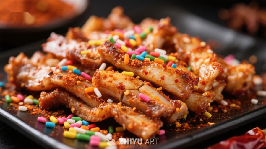 香辣鸡翅配彩色糖果装饰