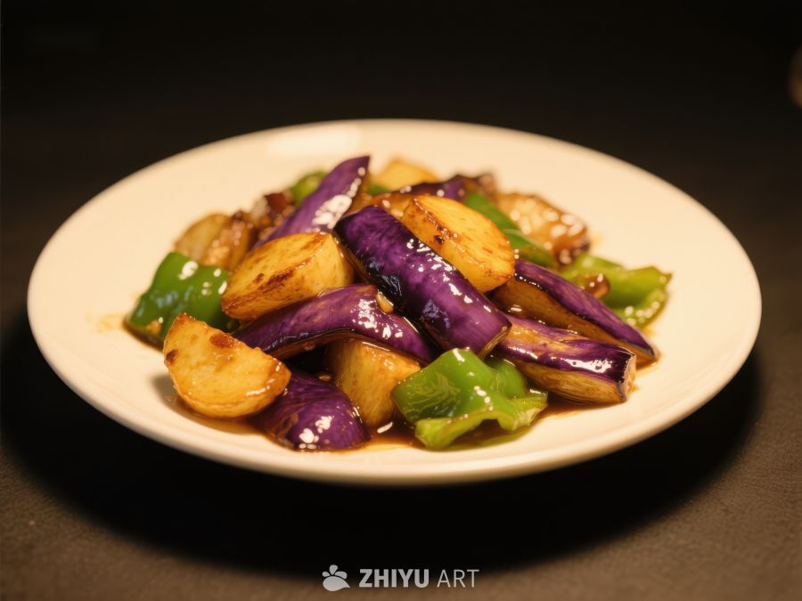 炒茄子配青椒与蒜瓣 44