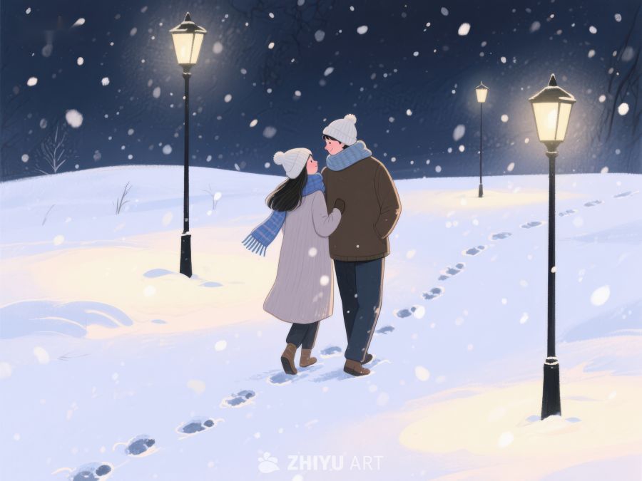 冬夜雪中漫步的情侣 148
