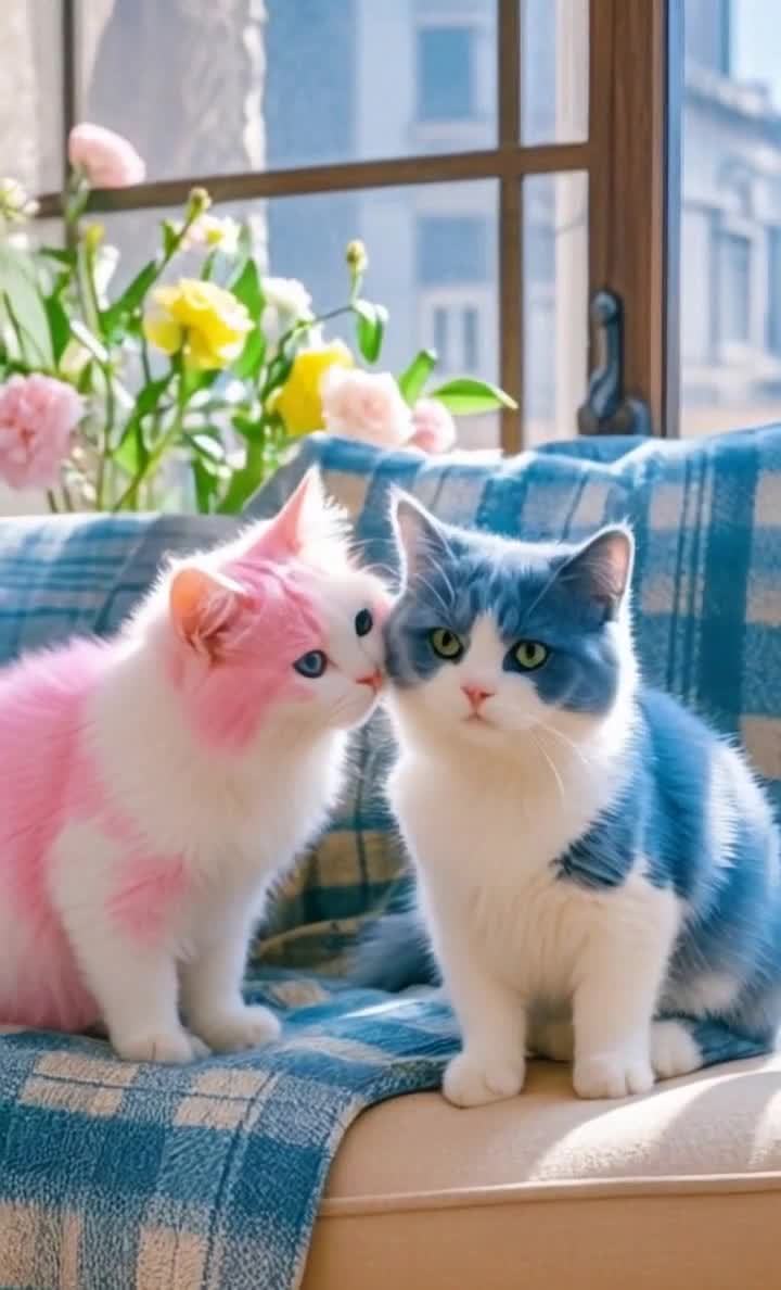 蓝粉格子毯上的双色小猫与鲜花