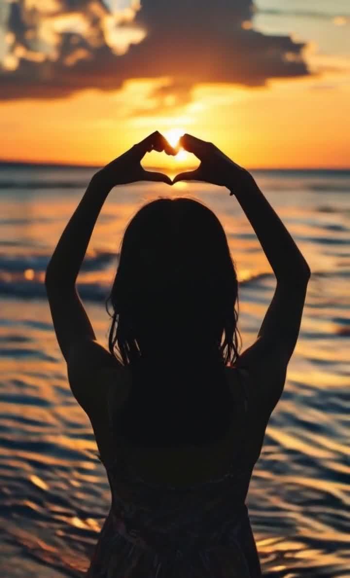 海边夕阳心形剪影女孩
