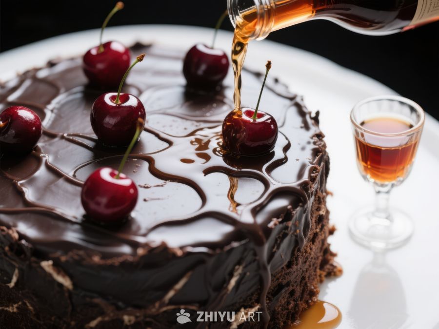 巧克力蛋糕淋上糖浆，点缀樱桃