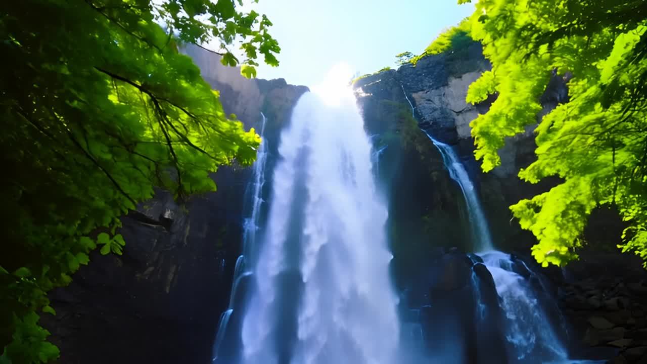 瀑布从岩石上倾泻而下，周围被郁郁葱葱的树木所环绕。
