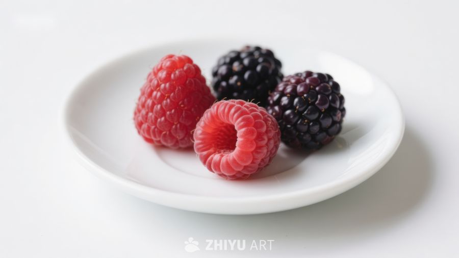 白盘上的覆盆子与黑莓 2