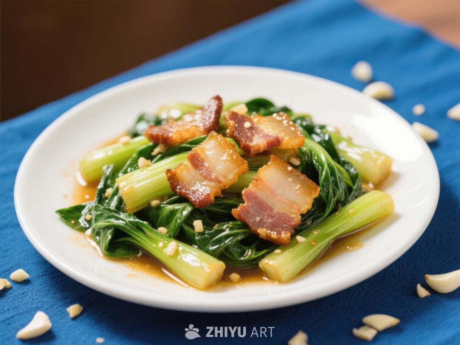 炒青菜配脆肉片 48