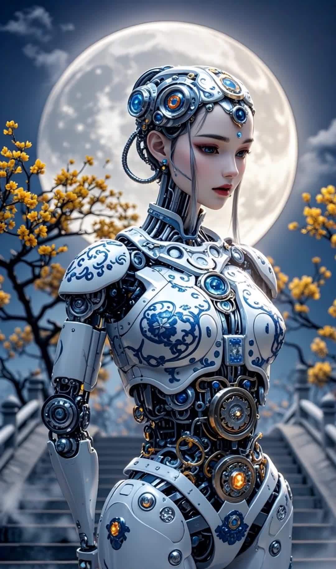 青花瓷盔甲仿生机器人月夜桥面赏花