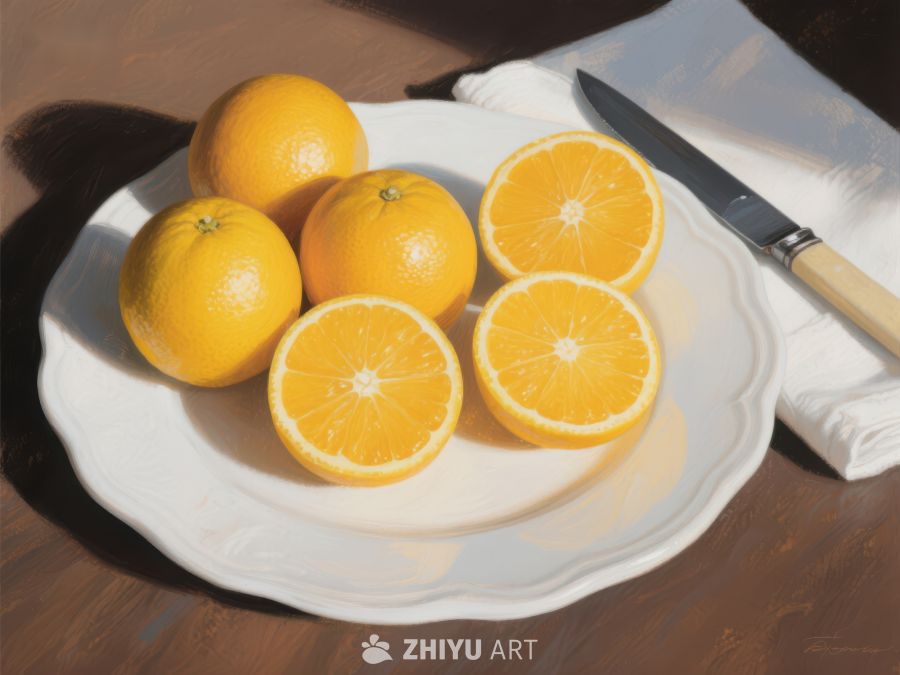 盘中的橙子与刀具 289
