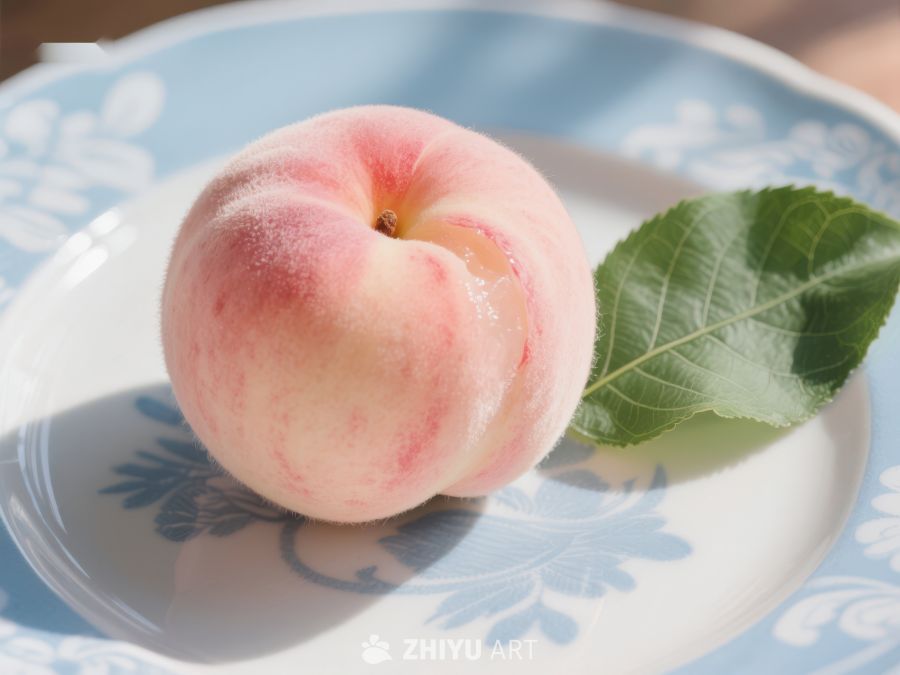 新鲜桃子置于蓝花盘中 641