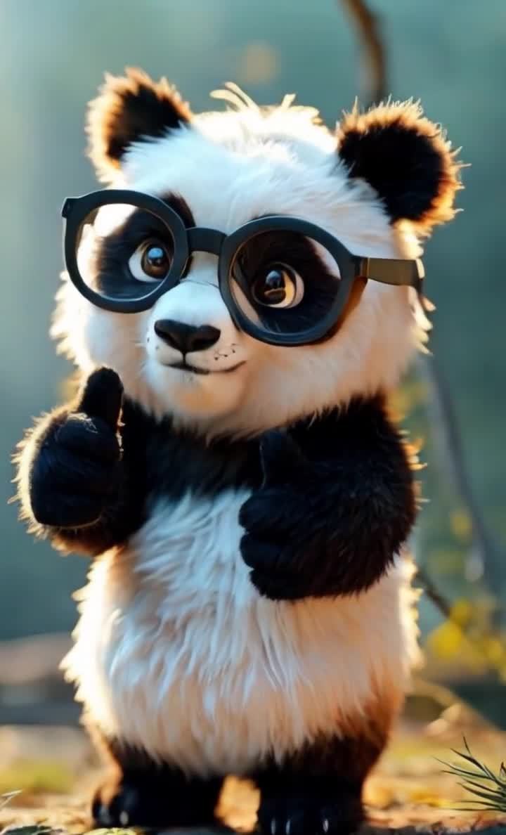 戴圆框眼镜的熊猫竖起大拇指，表示赞许