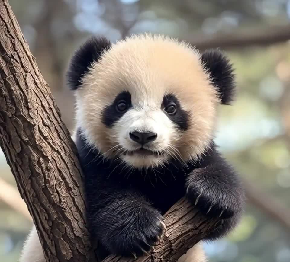 熊猫幼崽栖息树上，黑白毛色，眼神专注可爱。
