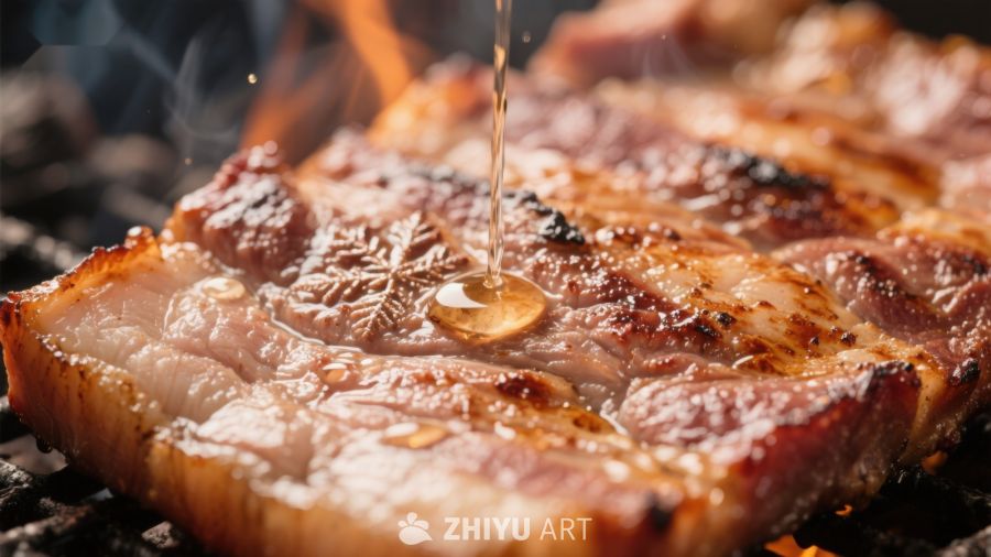 炙烤肉片上的油滴瞬间
