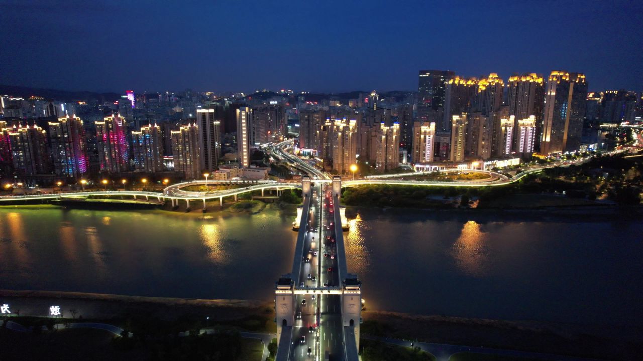 福建泉州城市夜景灯光交通航拍晋江 