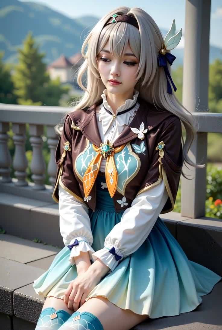 戴发带的年轻女子户外坐姿写真