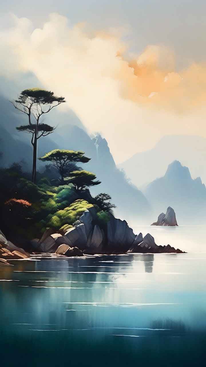 雾气缭绕大海山水画简约风格 11