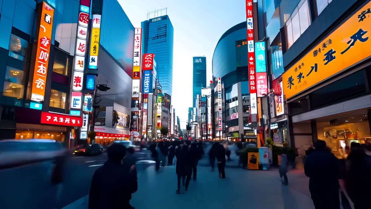 东京街头，许多人在人行道上行走。街道两旁是高楼大厦