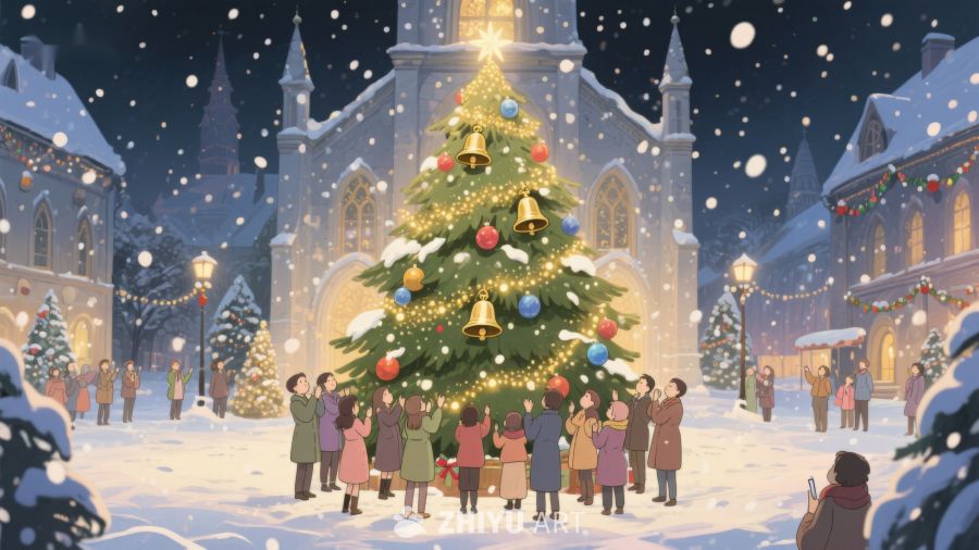 雪夜教堂前的圣诞树 361