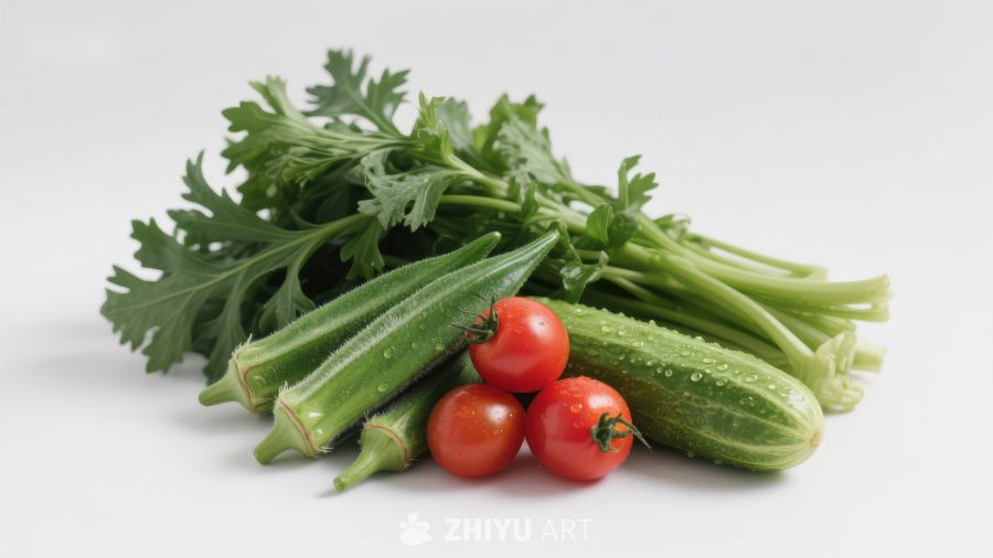 新鲜蔬菜组合：秋葵、黄瓜、樱桃番茄和香菜