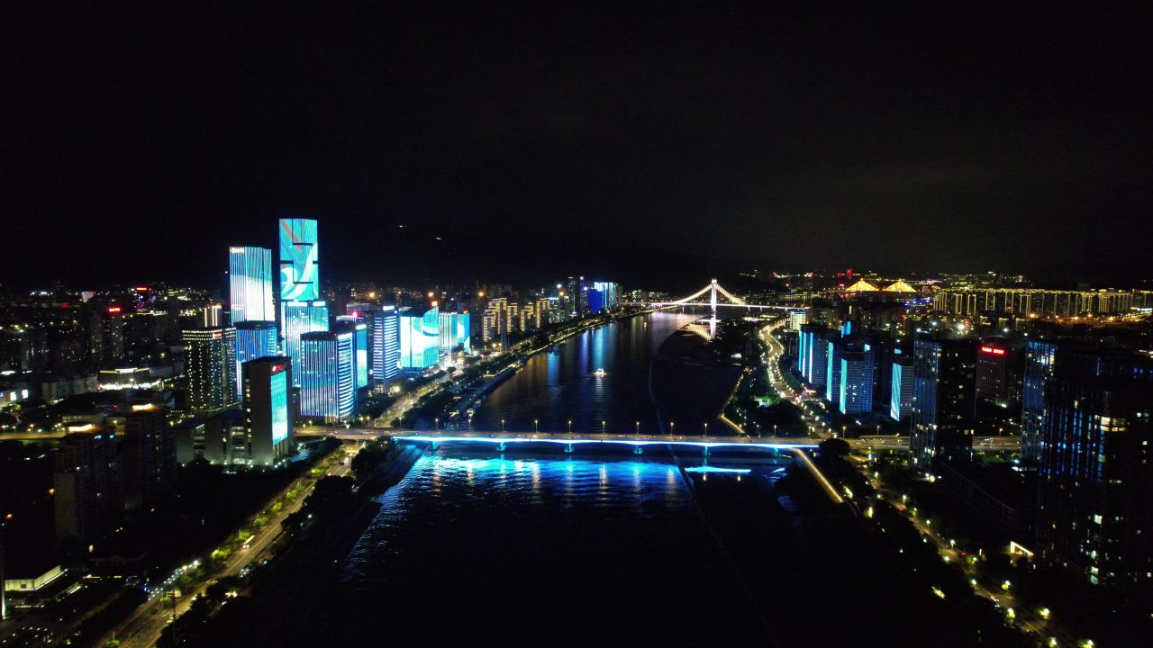 福建福州闽江两岸夜景航拍 