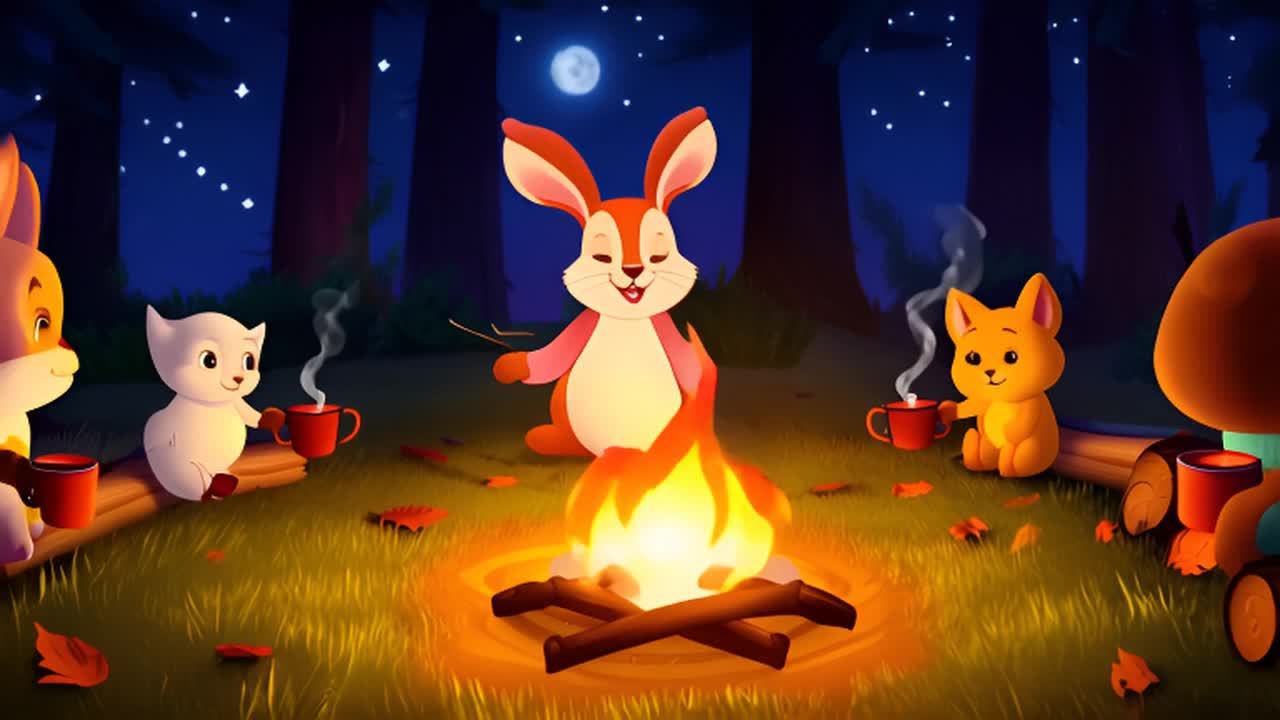 夜空中繁星点点，还有一轮满月。三只卡通动物坐在篝火