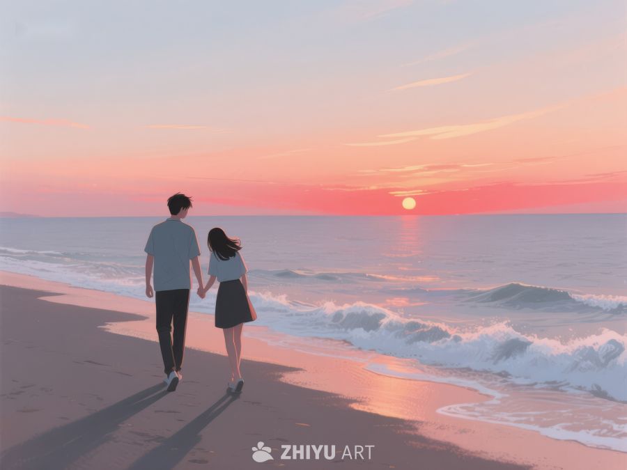 情侣海边漫步，夕阳映照 534