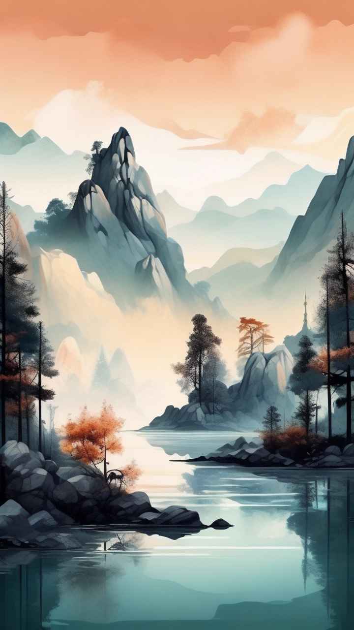国风水彩画山水风景插画 72