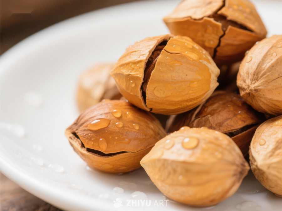 新鲜核桃特写，表面带水珠 463