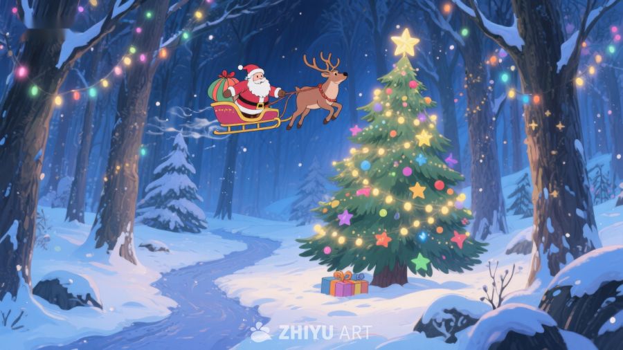 圣诞老人雪橇飞过装饰森林 194