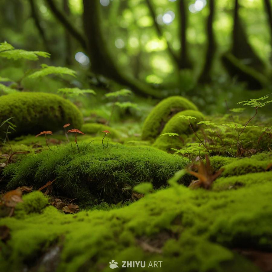葱郁的绿色森林中，地面上生长着各种各样的苔藓和植物