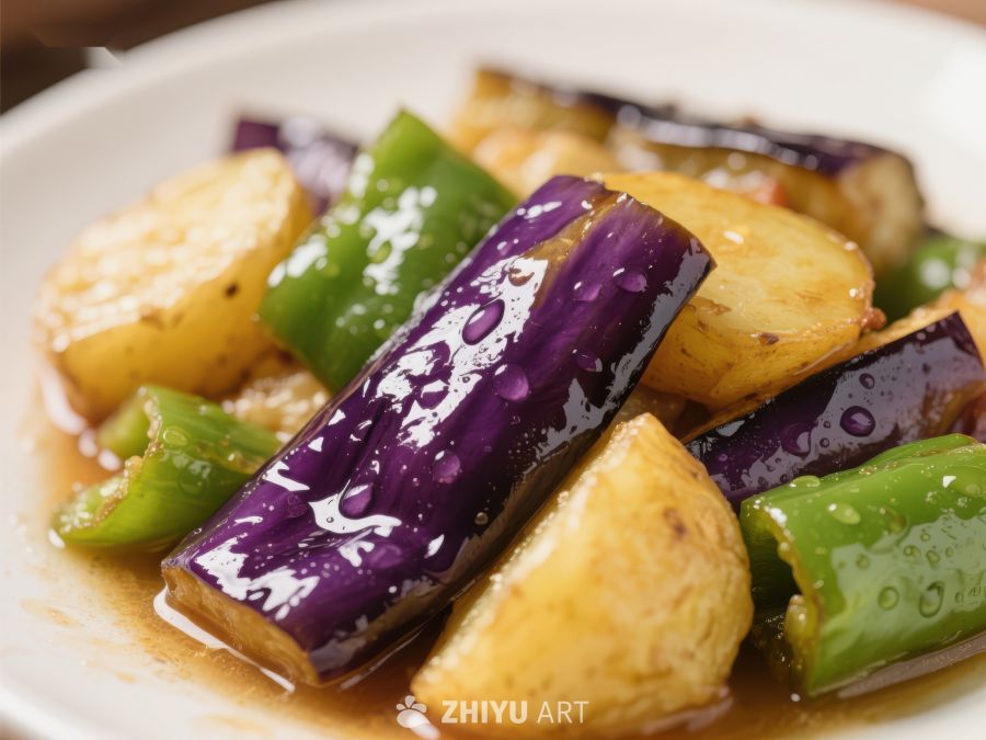 美味炒茄子配土豆和青椒 673