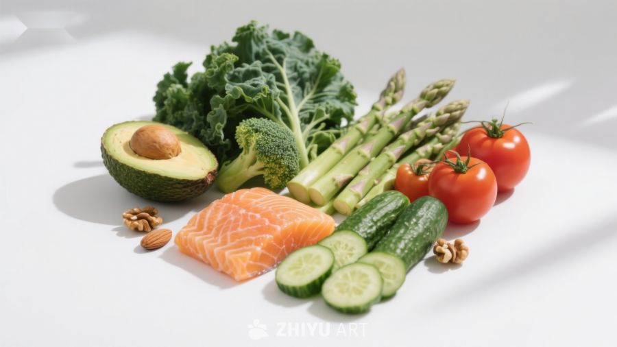 新鲜蔬菜与三文鱼食材摆拍